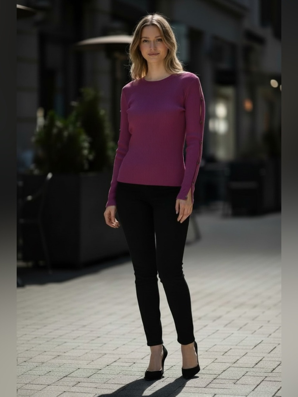 Grey State Ribbed Crewneck Sweater long sleeve with open buttons